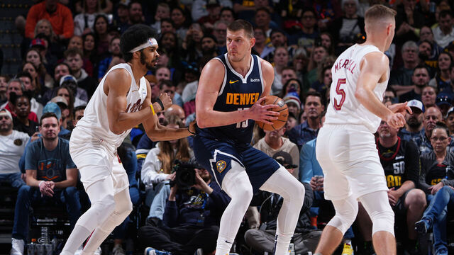 DENVER, CO - MARCH 31: Nikola Jokic #15 of the Denver Nuggets looks on during the game against the Cleveland Cavaliers on March 31, 2024 at the Ball Arena in Denver, Colorado. NOTE TO USER: User expressly acknowledges and agrees that, by downloading and/or using this Photograph, user is consenting to the terms and conditions of the Getty Images License Agreement. Mandatory Copyright Notice: Copyright 2024 NBAE