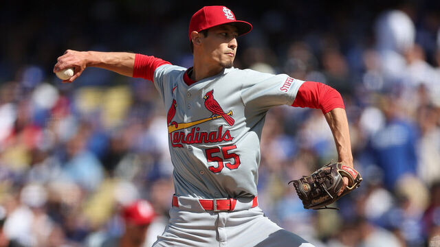 LOS ANGELES, CALIFORNIA - MARCH 28: Riley O'Brien #55 of the St. Louis Cardinals pitches during a game against the Los Angeles Dodgers at Dodger Stadium on March 28, 2024 in Los Angeles, California.