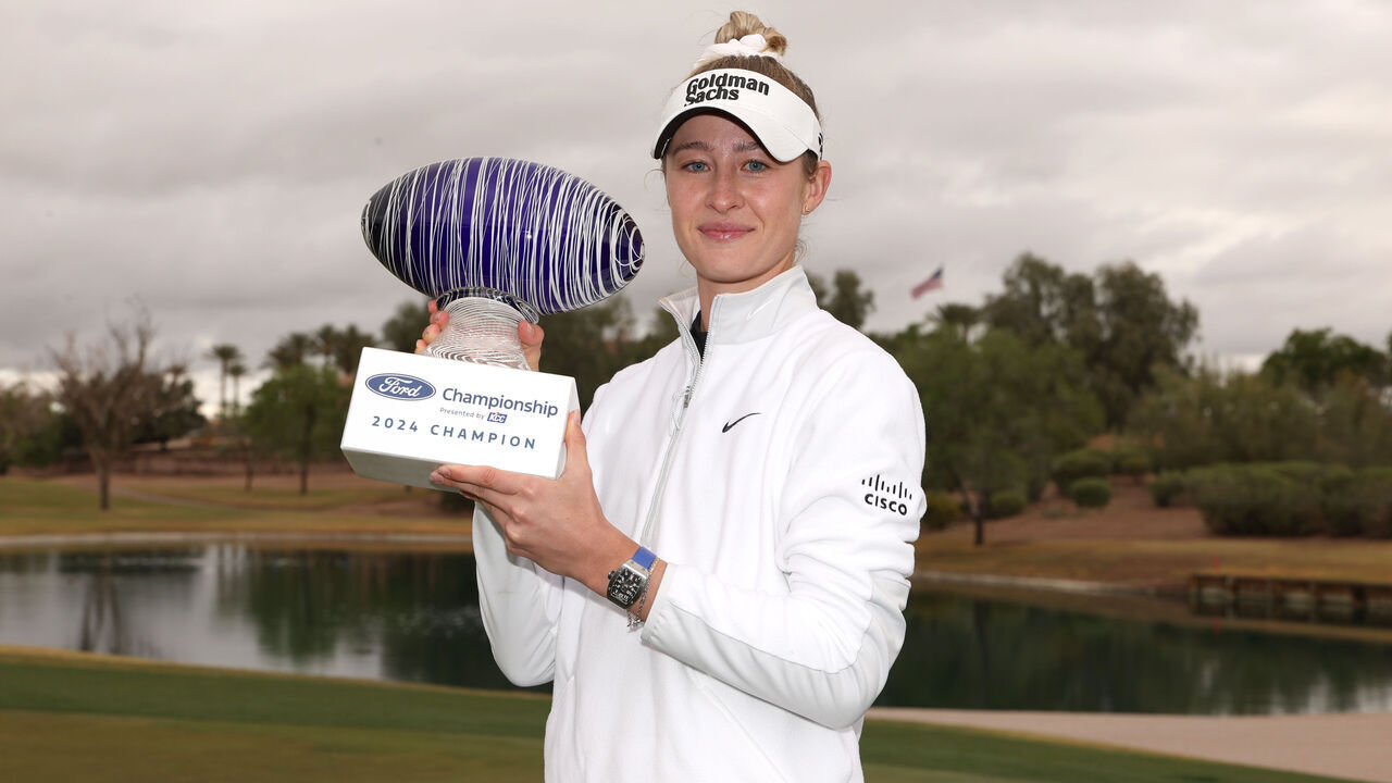 PHOENIX, ARIZONA - MARCH 31: Nelly Korda of the United States poses with the trophy after the final round of the Ford Championship presented by KCC at Seville Golf and Country Club on March 31, 2024 in Phoenix, Arizona.