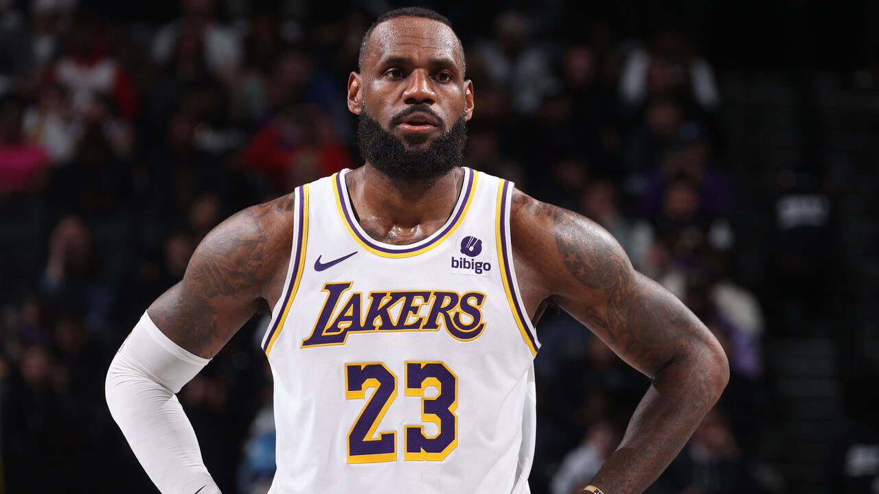 BROOKLYN, NY - MARCH 31: LeBron James #23 of the Los Angeles Lakers looks on during the game on March 31, 2024 at Barclays Center in Brooklyn, New York. Mandatory Copyright Notice: Copyright 2024 NBAE