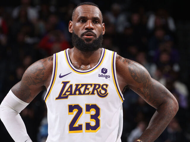 BROOKLYN, NY - MARCH 31: LeBron James #23 of the Los Angeles Lakers looks on during the game on March 31, 2024 at Barclays Center in Brooklyn, New York. Mandatory Copyright Notice: Copyright 2024 NBAE