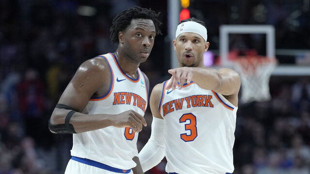 PORTLAND, OREGON - MARCH 14: Josh Hart #3 (R) of the New York Knicks talks with OG Anunoby #8 during the second half against the Portland Trail Blazers at Moda Center on March 14, 2024 in Portland, Oregon.