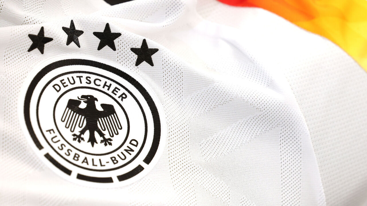 FRANKFURT AM MAIN, GERMANY - MARCH 25: The new team Germany adidas home match jersey is displayed during a press conference of team Germany at DFB Campus on March 25, 2024 in Frankfurt am Main, Germany.