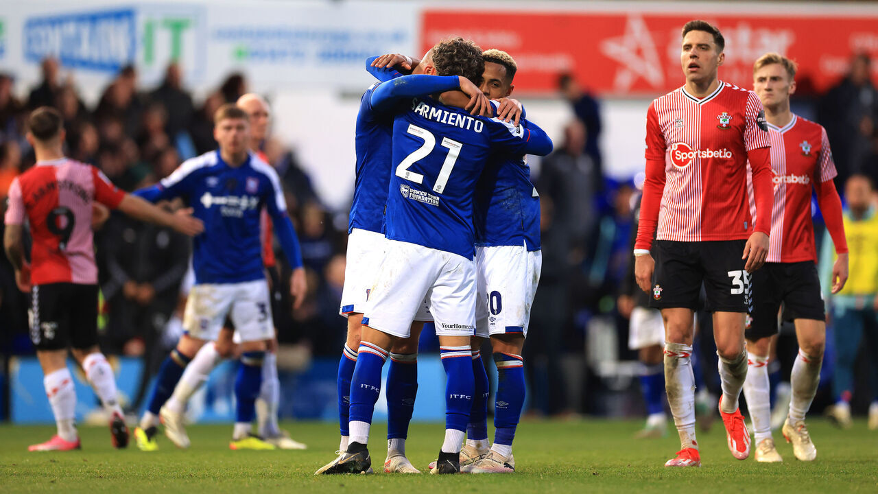 IPSWICH, ENGLAND - APRIL 01: Jeremy Sarmiento and Omari Hutchinson of Ipswich Town celebrate victory following the Sky Bet Championship match between Ipswich Town and Southampton FC at Portman Road on April 01, 2024 in Ipswich, England.