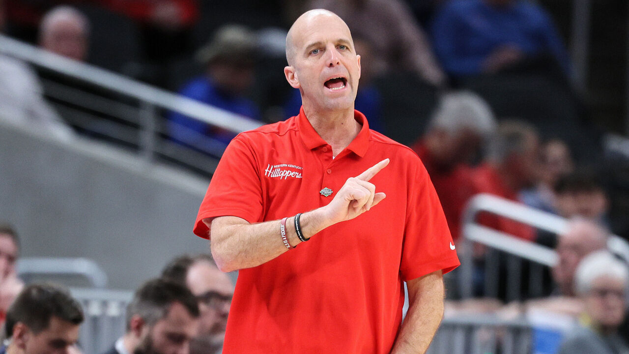INDIANAPOLIS, INDIANA - MARCH 22: Head coach Steve Lutz of the Western Kentucky Hilltoppers reacts against the Marquette Golden Eagles during the first half in the first round of the NCAA Men's Basketball Tournament at Gainbridge Fieldhouse on March 22, 2024 in Indianapolis, Indiana.