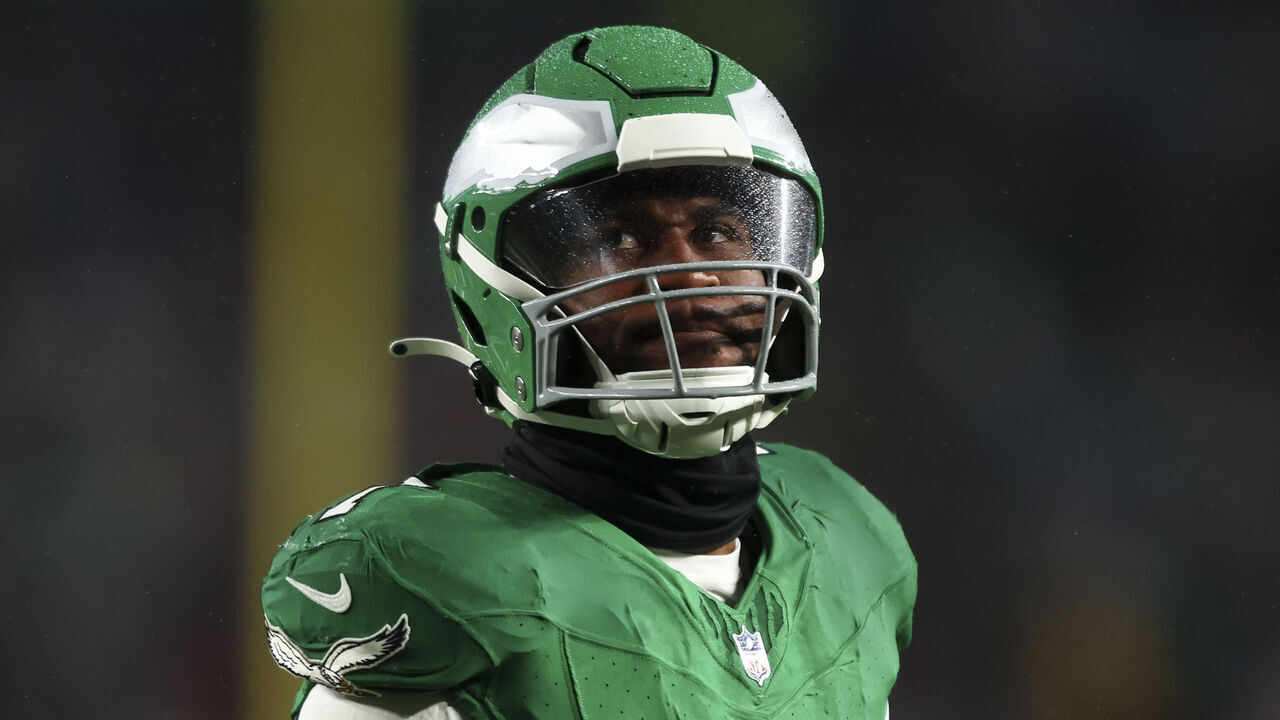 PHILADELPHIA, PA - NOVEMBER 26: Haason Reddick #7 of the Philadelphia Eagles looks on during the second quarter of an NFL football game against the Buffalo Bills at Lincoln Financial Field on November 26, 2023 in Philadelphia, Pennsylvania.