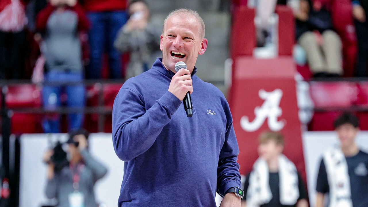 TUSCALOOSA, ALABAMA - JANUARY 16: Alabama Crimson Tide head football coach Karen Deboer addresses the crowd during a time out against the Missouri Tigers at Coleman Coliseum on January 16, 2024 in Tuscaloosa, Alabama.