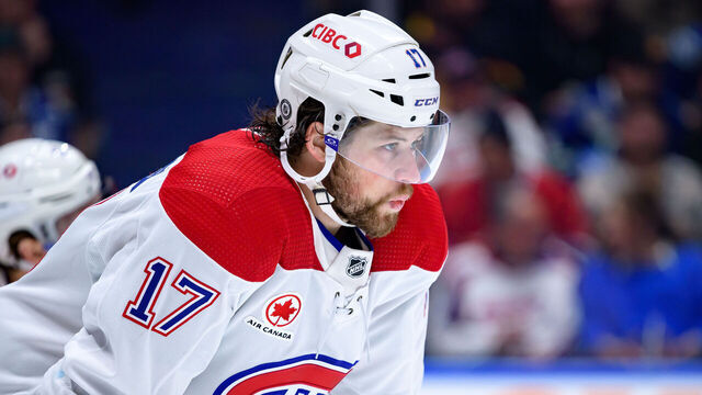 VANCOUVER, CANADA - MARCH 21: Josh Anderson #17 of the Montréal Canadiens waits for a face-off during the first period of their NHL game against the Vancouver Canucks at Rogers Arena on March 21, 2024 in Vancouver, British Columbia, Canada.