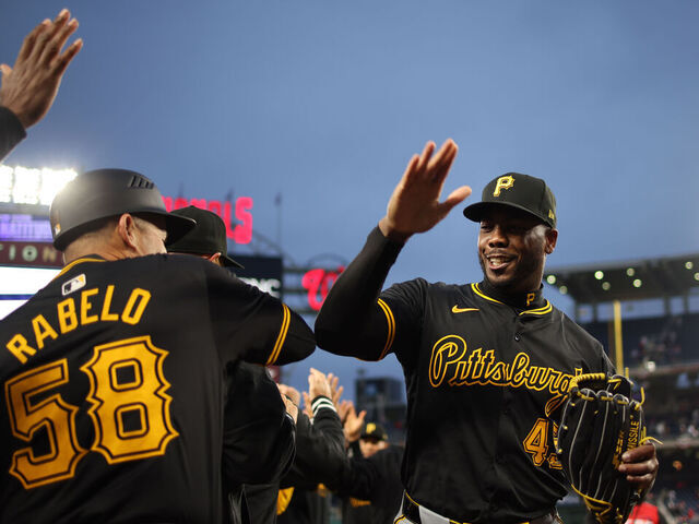 WASHINGTON, DC - APRIL 01: Aroldis Chapman #45 of the Pittsburgh Pirates celebrates after winning the game between the Pittsburgh Pirates and the Washington Nationals at Nationals Park on Monday, April 1, 2024 in Washington, District of Columbia.