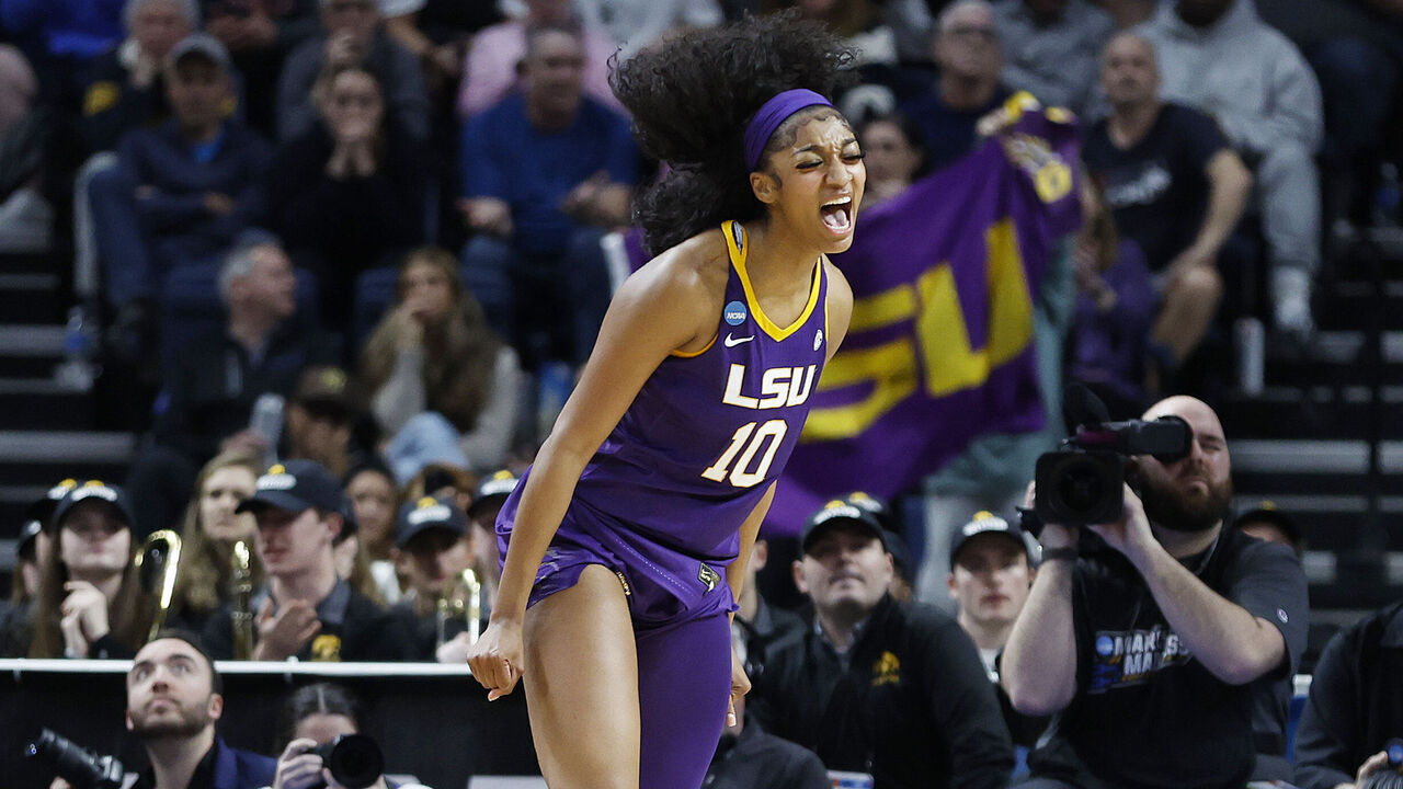 ALBANY, NEW YORK - APRIL 01: Angel Reese #10 of the LSU Tigers reacts during the first half against the Iowa Hawkeyes in the Elite 8 round of the NCAA Women's Basketball Tournament at MVP Arena on April 01, 2024 in Albany, New York.
