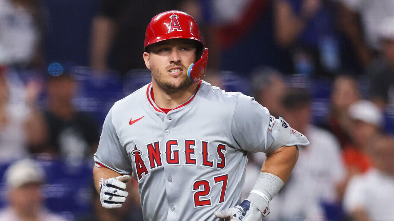 MIAMI, FLORIDA - APRIL 01: Mike Trout #27 of the Los Angeles Angels rounds the bases after hitting a home run against the Miami Marlins during the fourth inning of the game at loanDepot park on April 01, 2024 in Miami, Florida.