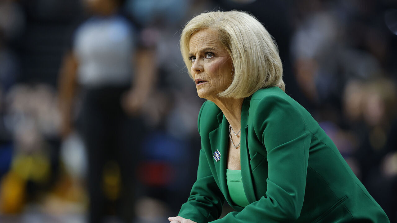 ALBANY, NEW YORK - APRIL 01: Head coach Kim Mulkey of the LSU Tigers looks on during the first half against the Iowa Hawkeyes in the Elite 8 round of the NCAA Women's Basketball Tournament at MVP Arena on April 01, 2024 in Albany, New York.