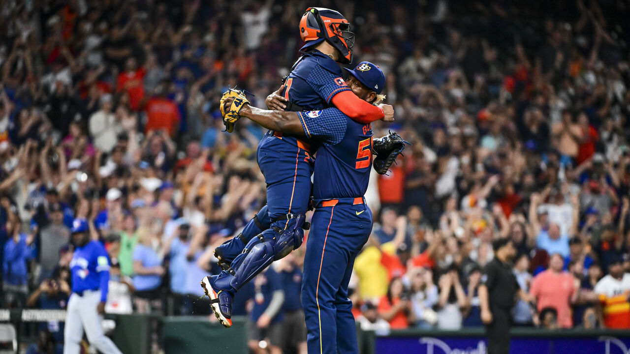 HOUSTON, TEXAS - APRIL 01: Ronel Blanco #56 celebrates with Yainer Diaz #21 of the Houston Astros after pitching a no hitter against the Toronto Blue Jays at Minute Maid Park on April 01, 2024 in Houston, Texas.