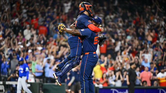 HOUSTON, TEXAS - APRIL 01: Ronel Blanco #56 celebrates with Yainer Diaz #21 of the Houston Astros after pitching a no hitter against the Toronto Blue Jays at Minute Maid Park on April 01, 2024 in Houston, Texas.