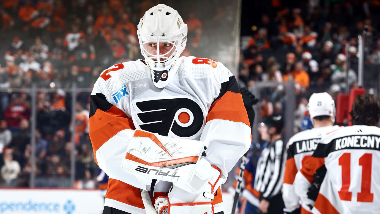 PHILADELPHIA, PENNSYLVANIA - APRIL 01: Ivan Fedotov #82 of the Philadelphia Flyers looks on during overtime against the New York Islanders at the Wells Fargo Center on April 01, 2024 in Philadelphia, Pennsylvania.
