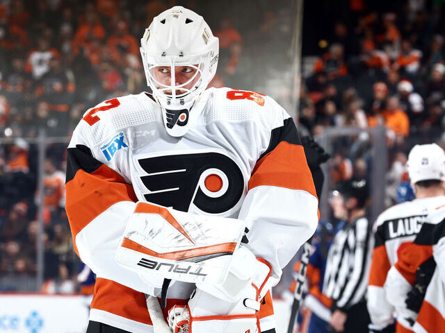 PHILADELPHIA, PENNSYLVANIA - APRIL 01: Ivan Fedotov #82 of the Philadelphia Flyers looks on during overtime against the New York Islanders at the Wells Fargo Center on April 01, 2024 in Philadelphia, Pennsylvania.