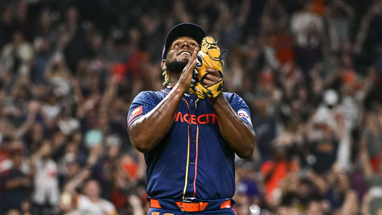 HOUSTON, TEXAS - APRIL 01: Ronel Blanco #56 of the Houston Astros celebrates after pitching a no hitter against the Toronto Blue Jays at Minute Maid Park on April 01, 2024 in Houston, Texas.