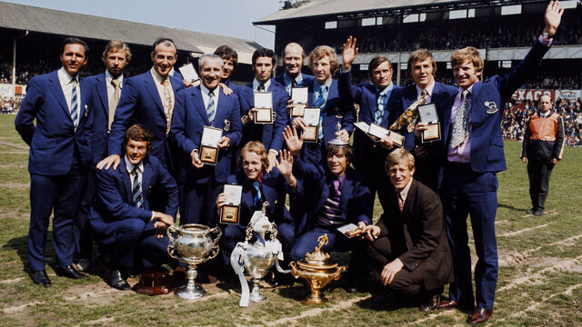 Derby County players the Division One trophy