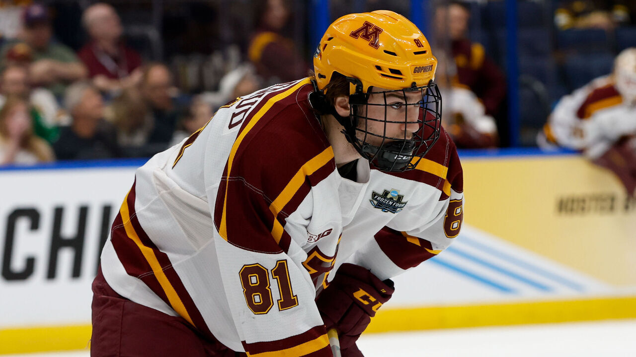 TAMPA, FL - APRIL 6: Jimmy Snuggerud #81 of the Minnesota Golden Gophers skates against the Boston University Terriers during game one of the 2023 NCAA Division I Men's Hockey Frozen Four Championship Semifinal at the Amaile Arena on April 6, 2023 in Tampa, Florida. The Golden Gophers won 6-2.