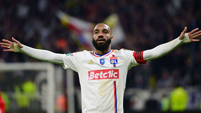 Lyon's French forward #10 Alexandre Lacazette celebrates after scoring during the French Cup (Coupe de France) semi final match between Olympique Lyonnais (OL) and Valenciennes FC at the Groupama Stadium, in Decines-Charpieu, east of Lyon on April 2, 2024.