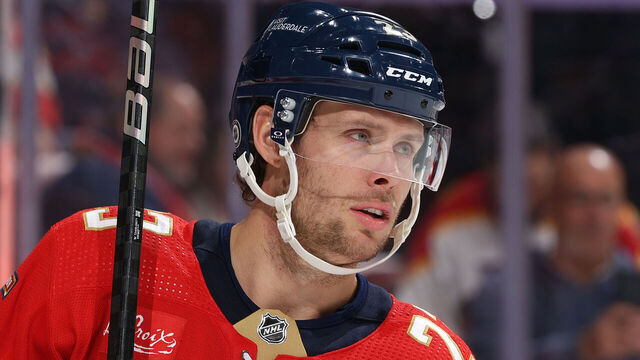 SUNRISE, FL - MARCH 9: Carter Verhaeghe #23 of the Florida Panthers prepares for second period action against the Calgary Flames at the Amerant Bank Arena on March 9, 2024 in Sunrise, Florida.