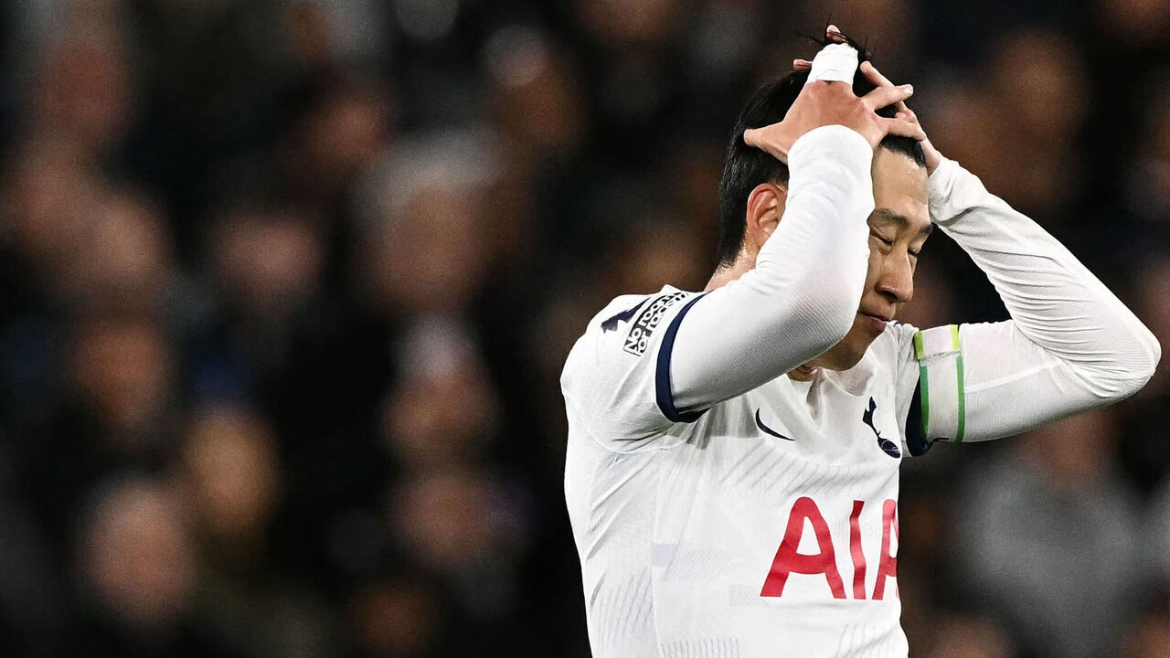 Tottenham Hotspur's South Korean striker #07 Son Heung-Min reacts during the English Premier League football match between West Ham United and Tottenham Hotspur at the London Stadium, in London on April 2, 2024.