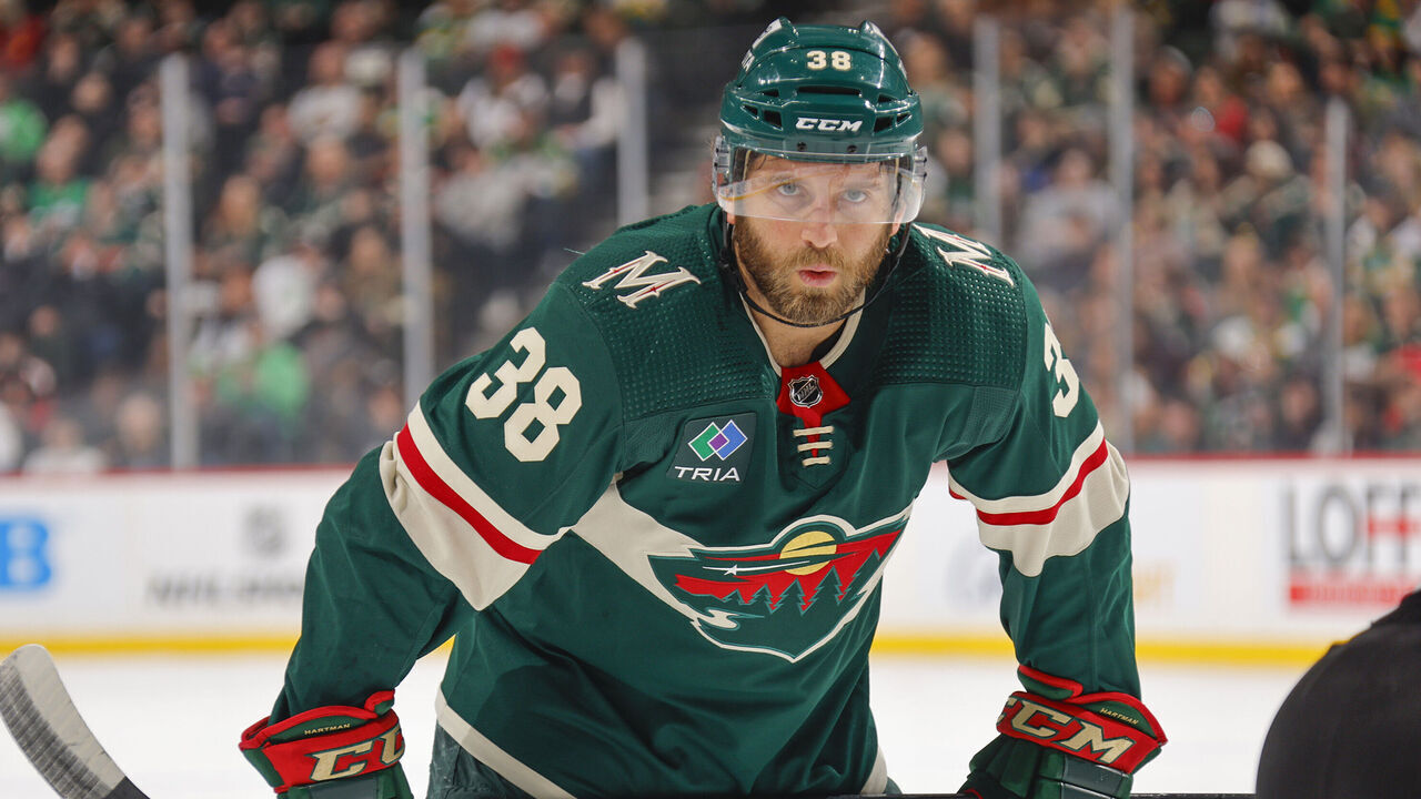 SAINT PAUL, MN - MARCH 14: Ryan Hartman #38 of the Minnesota Wild awaits a face-off against the Anaheim Ducks during the game at the Xcel Energy Center on March 14, 2024 in Saint Paul, Minnesota.