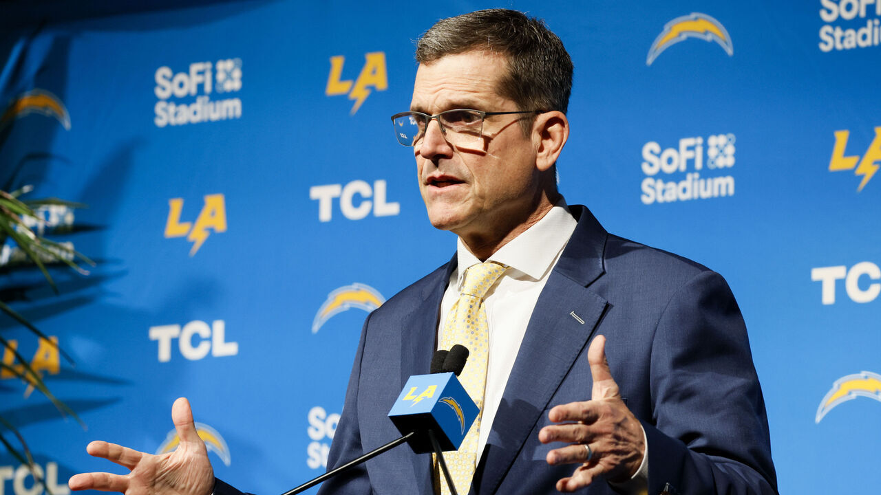 INGLEWOOD, CA - FEBRUARY 01: New Los Angeles Chargers Head Coach Jim Harbaugh speaks during his introductory press conference for at YouTube Theater in Inglewood Thursday, Feb. 1, 2024. (Allen J. Schaben / Los Angeles Times via Getty Images)