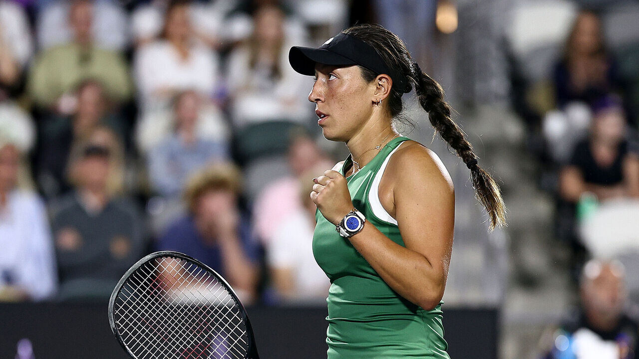 CHARLESTON, SOUTH CAROLINA - APRIL 02: Jessica Pegula of the United States celebrates a point in the third set against Amanda Anisimova of the United States on Day 2 of the WTA 500 Credit One Charleston Open 2024 at Credit One Stadium on April 02, 2024 in Charleston, South Carolina.