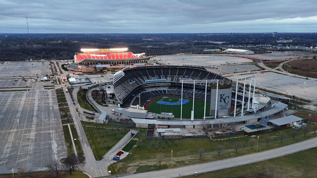 KANSAS CITY, MISSOURI - DECEMBER 25: A general overall aerial view of Kauffman Stadium (foreground) and Arrowhead Stadium at the Truman Sports Complex on December 25, 2023 in Kansas City, Missouri.