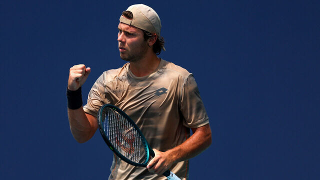 MIAMI GARDENS, FLORIDA - MARCH 18: Aleksandar Kovacevic of the United States reacts during his men's singles qualifying match against Patrick Kypson of the United States during the Miami Open at Hard Rock Stadium on March 18, 2024 in Miami Gardens, Florida.