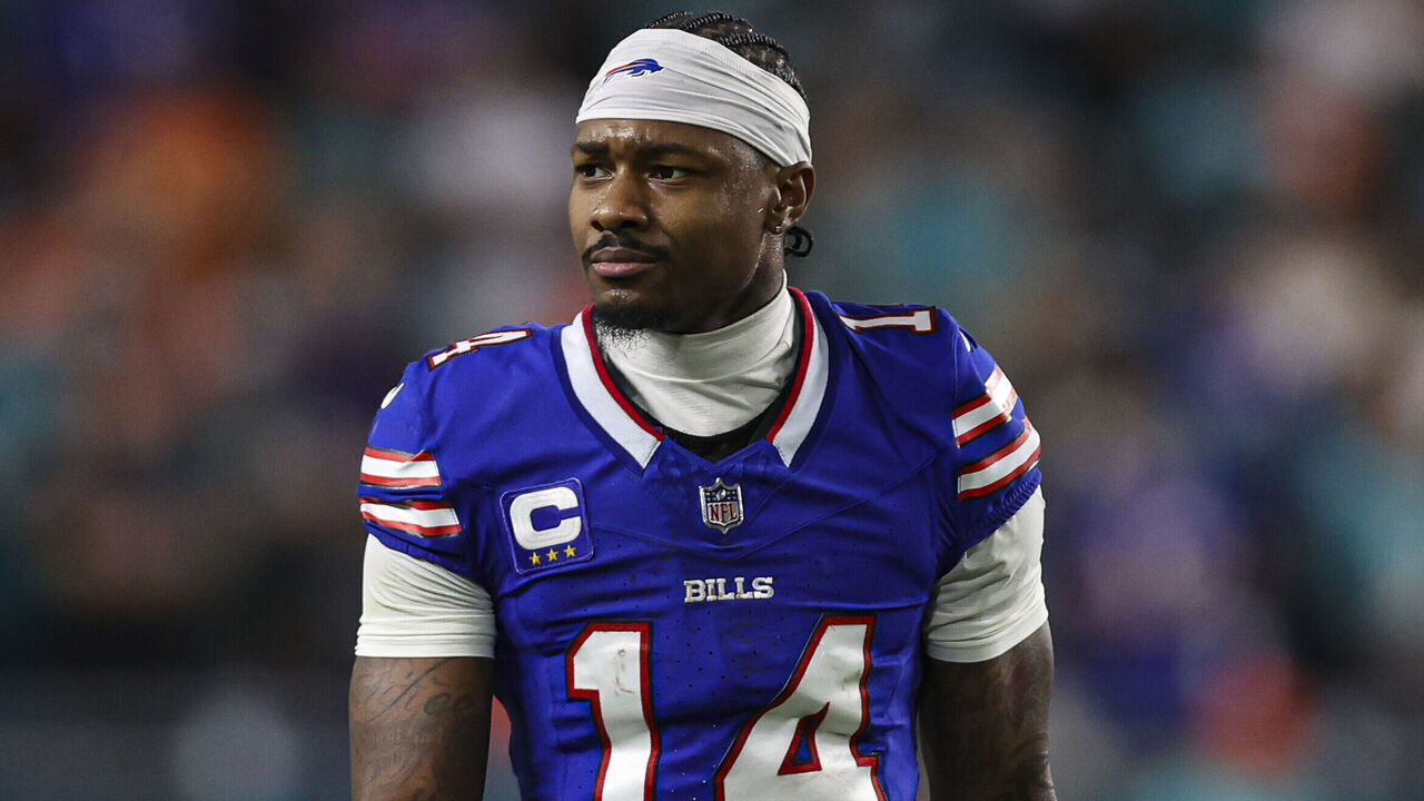 MIAMI GARDENS, FL - JANUARY 07: Stefon Diggs #14 of the Buffalo Bills reacts during an NFL football game against the Miami Dolphins at Hard Rock Stadium on January 7, 2024 in Miami Gardens, Florida.