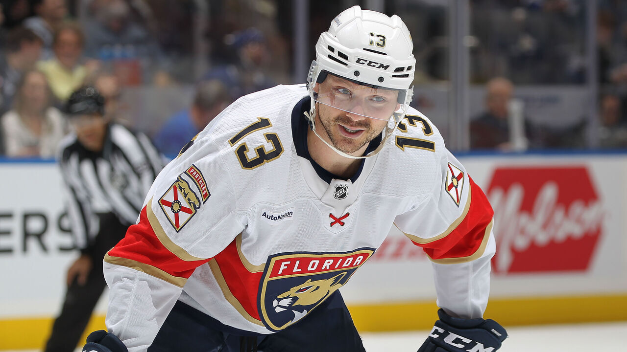 TORONTO, CANADA - APRIL 1: Sam Reinhart #13 of the Florida Panthers waits for a faceoff against the Toronto Maple Leafs during the first period in an NHL game at Scotiabank Arena on April 1, 2024 in Toronto, Ontario, Canada.