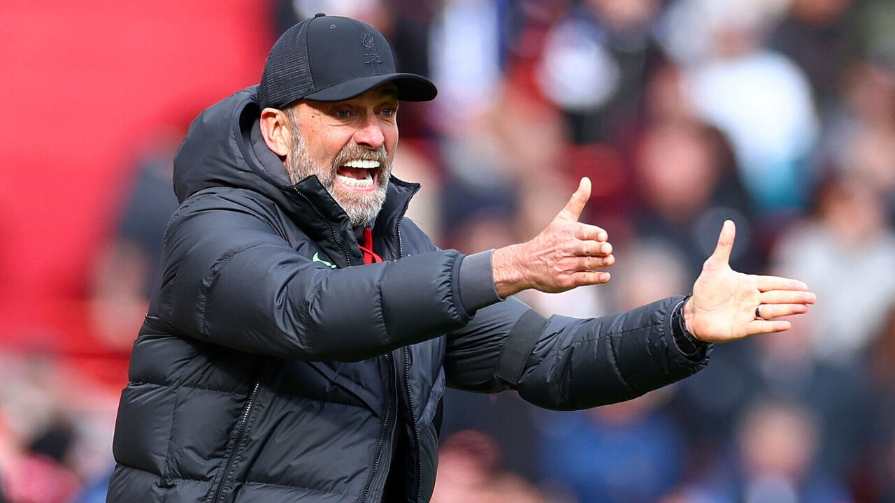 LIVERPOOL, ENGLAND - MARCH 31: Liverpool manager Jurgen Klopp gestures on the touchline during the Premier League match between Liverpool FC and Brighton & Hove Albion at Anfield on March 31, 2024 in Liverpool, England.
