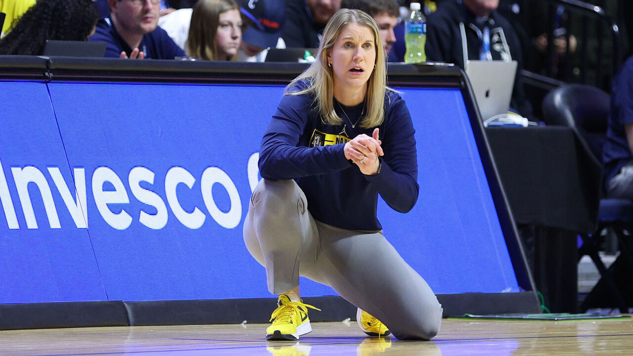 UNCASVILLE, CT - MARCH 10: Marquette Golden Eagles head coach Megan Duffy looks on during the Women's Big East Tournament semifinals game between Marquette Golden Eagles and UConn Huskies on March 10, 2024, at Mohegan Sun Arena in Uncasville, CT.