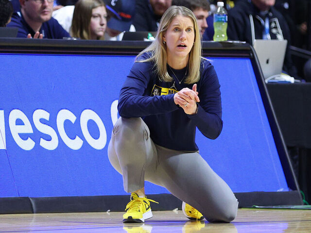 UNCASVILLE, CT - MARCH 10: Marquette Golden Eagles head coach Megan Duffy looks on during the Women's Big East Tournament semifinals game between Marquette Golden Eagles and UConn Huskies on March 10, 2024, at Mohegan Sun Arena in Uncasville, CT.