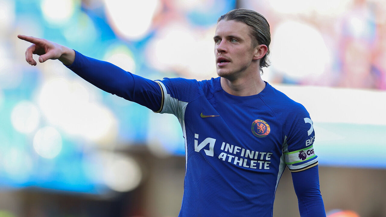 LONDON, ENGLAND - MARCH 30: Conor Gallagher of Chelsea gestures during the Premier League match between Chelsea FC and Burnley FC at Stamford Bridge on March 30, 2024 in London, England.