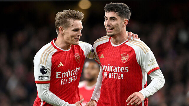 LONDON, ENGLAND - APRIL 03: Martin Odegaard of Arsenal celebrates scoring his team's first goal with teammate Kai Havertz during the Premier League match between Arsenal FC and Luton Town at Emirates Stadium on April 03, 2024 in London, England.