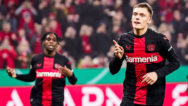 LEVERKUSEN, GERMANY - APRIL 3: Florian Wirtz of Bayer 04 Leverkusen celebrates after scoring his team's fourth goal during the DFB cup semifinal match between Bayer 04 Leverkusen and Fortuna Düsseldorf at BayArena on April 3, 2024 in Leverkusen, Germany.