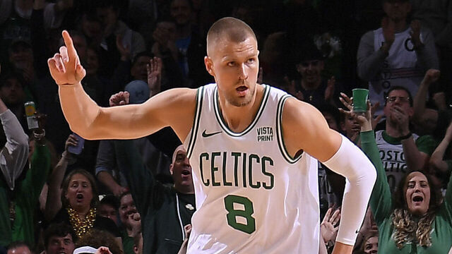BOSTON, MA - APRIL 3: Kristaps Porzingis #8 of the Boston Celtics celebrates during the game against the Oklahoma City Thunder on April 3, 2024 at the TD Garden in Boston, Massachusetts. Mandatory Copyright Notice: Copyright 2024 NBAE