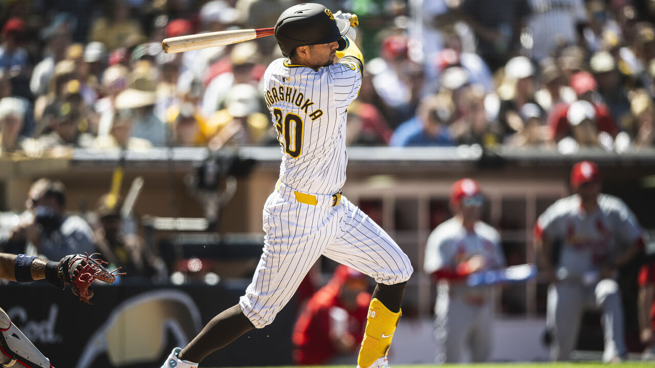 SAN DIEGO, CA - APRIL 3: Kyle Higashioka #20 of the San Diego Padres hits a home run in the first inning against the St. Louis Cardinals on April 3, 2024 at Petco Park in San Diego, California.