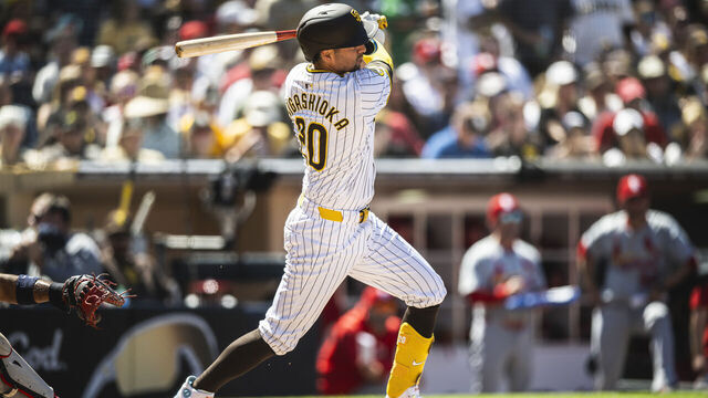 SAN DIEGO, CA - APRIL 3: Kyle Higashioka #20 of the San Diego Padres hits a home run in the first inning against the St. Louis Cardinals on April 3, 2024 at Petco Park in San Diego, California.