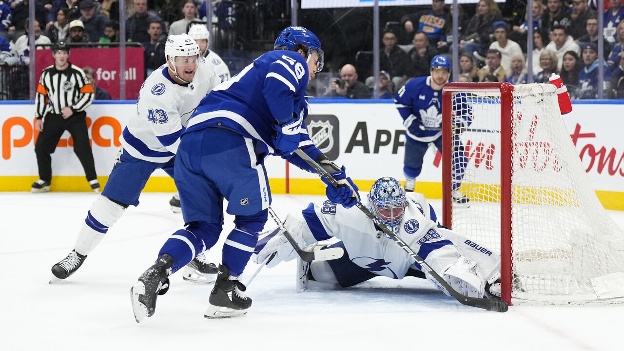 TORONTO, ON - APRIL 3: Tyler Bertuzzi #59 of the Toronto Maple Leafs shoots against Andrei Vasilevskiy #88 of the Tampa Bay Lightning during the second period at Scotiabank Arena on April 3, 2024 in Toronto, Ontario, Canada.