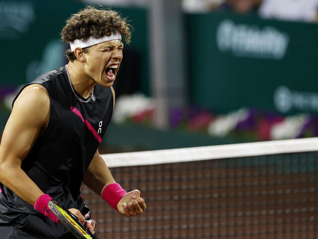 HOUSTON, TEXAS - APRIL 3: Ben Shelton of the United States reacts after scoring a point against Zizou Bergs of Belgium during their match on Day 6 of the U.S. Mens Clay Court Championships at River Oaks Country Club on April 3, 2024 in Houston, Texas.
