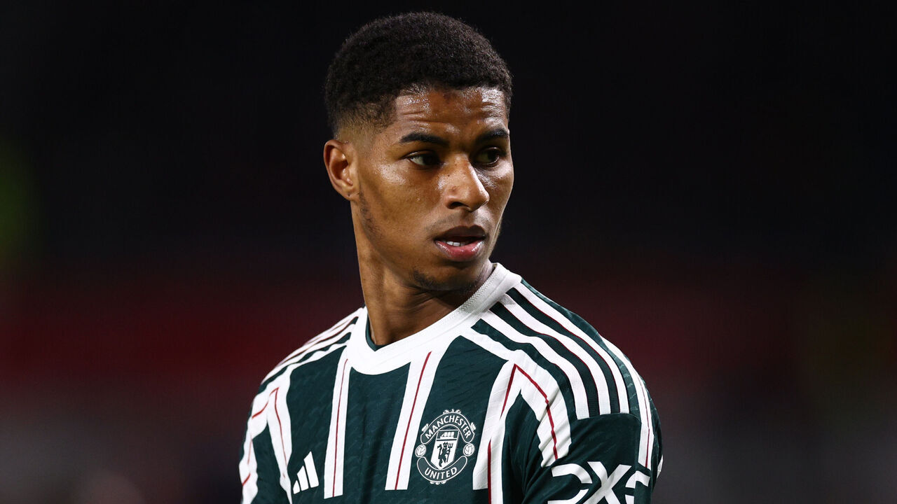 BRENTFORD, ENGLAND - MARCH 30: Marcus Rashford of Manchester United looks on during the Premier League match between Brentford FC and Manchester United at Gtech Community Stadium on March 30, 2024 in Brentford, England.