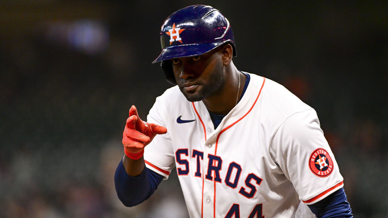 HOUSTON, TEXAS - APRIL 03: Yordan Alvarez #44 of the Houston Astros gestures to the Toronto Blue Jays dugout prior to batting in the first inning at Minute Maid Park on April 03, 2024 in Houston, Texas.