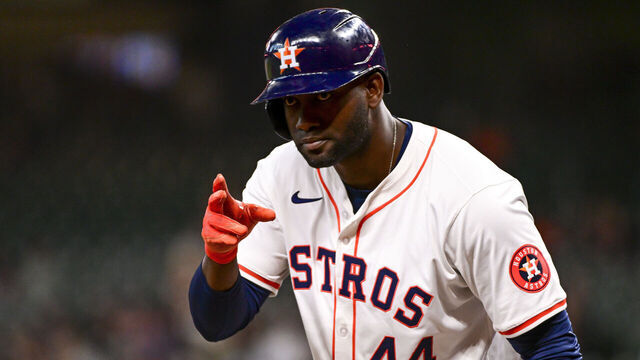 HOUSTON, TEXAS - APRIL 03: Yordan Alvarez #44 of the Houston Astros gestures to the Toronto Blue Jays dugout prior to batting in the first inning at Minute Maid Park on April 03, 2024 in Houston, Texas.