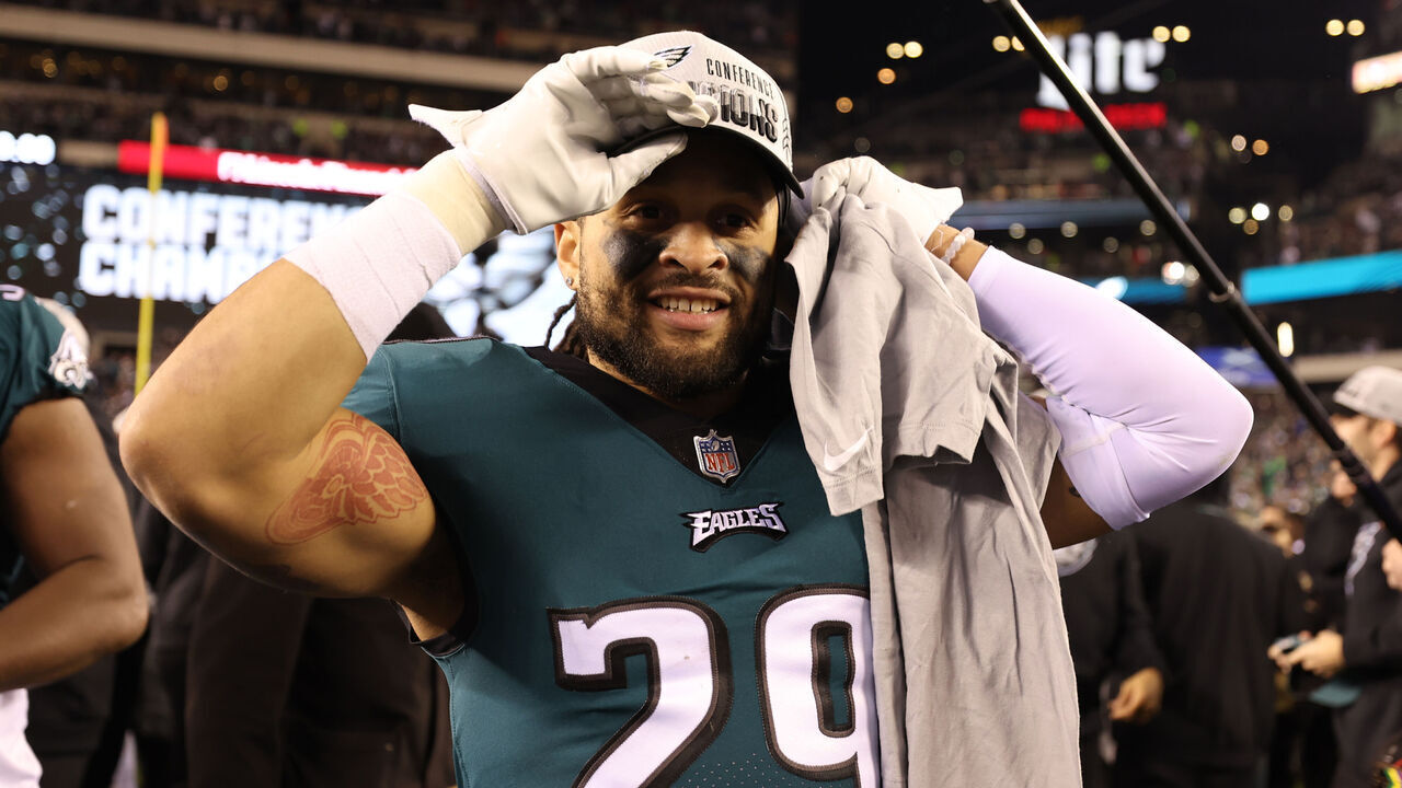 PHILADELPHIA, PA - JANUARY 29: Avonte Maddox #29 of the Philadelphia Eagles celebrates after an NFC Championship game against the San Francisco 49ers at Lincoln Financial Field on Sunday, January 29, 2023, in Philadelphia, Pennsylvania. (Perry Knotts/Getty Images)