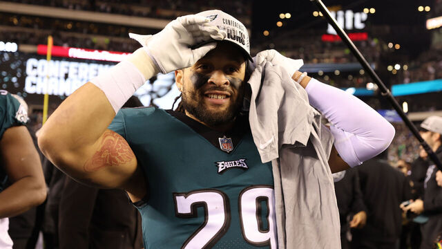 PHILADELPHIA, PA - JANUARY 29: Avonte Maddox #29 of the Philadelphia Eagles celebrates after an NFC Championship game against the San Francisco 49ers at Lincoln Financial Field on Sunday, January 29, 2023, in Philadelphia, Pennsylvania. (Perry Knotts/Getty Images)