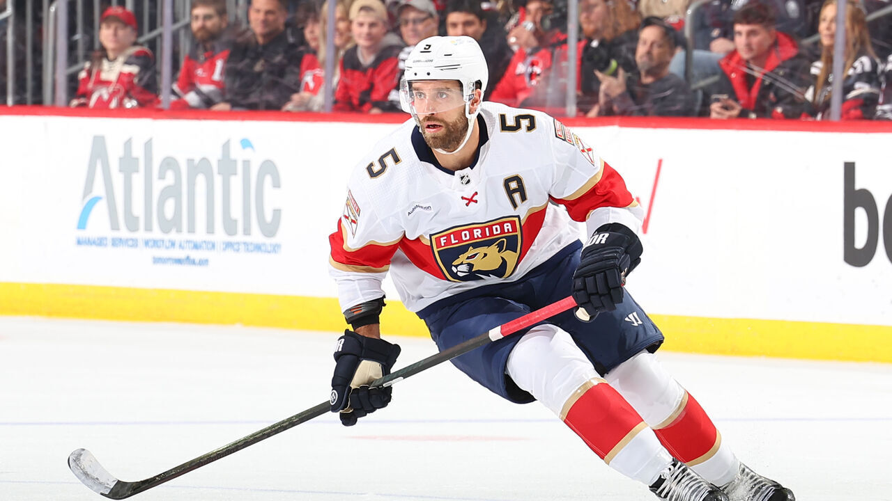 NEWARK, NJ - MARCH 05: Aaron Ekblad #5 of the Florida Panthers skates in the first period of the game against the New Jersey Devils at the Prudential Center on March 5, 2024 in Newark, New Jersey.